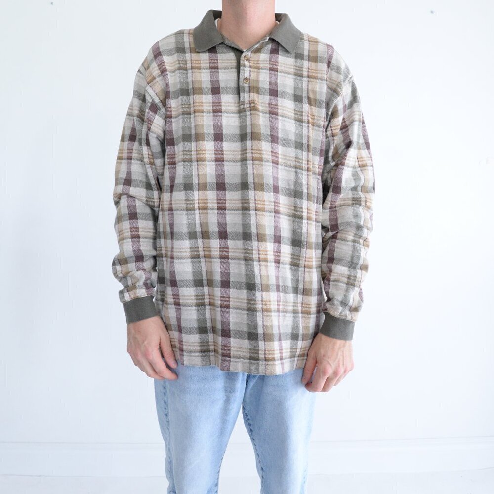 Vintage Field Gear 100% Cotton Cream Green Plaid Tartan Button Collar Rugby Polo
